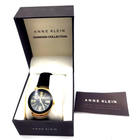 ANNE KLEIN Diamond Collection Watch Black Leather Band Black Dial Gold Letters - Picture 2 of 12